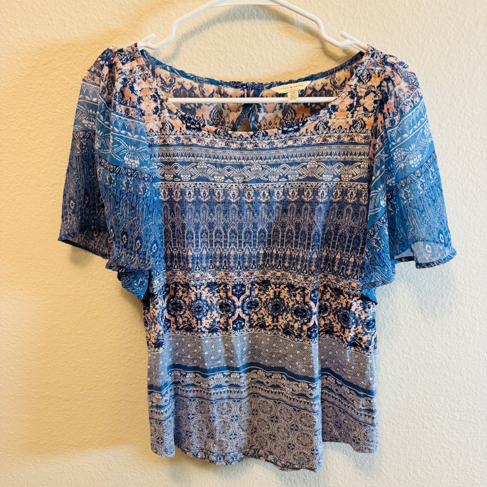 Lucky Brand Blue Floral‎ Sheer Peasant Blouse Top Keyhole Back Bohemian S